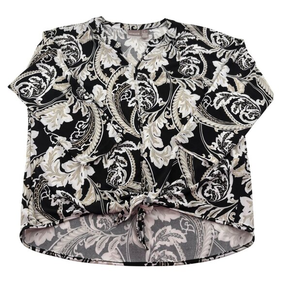 Chicos Women's Paisley V-Neck Blouse Size 1 Medium Black & White 3/4 sleeves - Picture 1 of 5